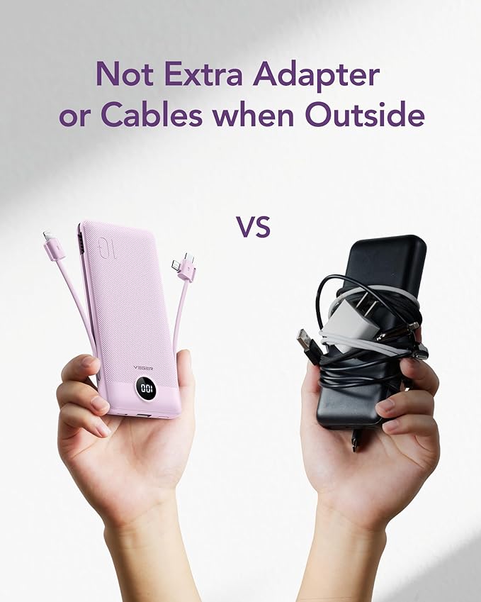 VEGER Portable Charger Power Bank with Built-in AC Plug and Cables, All in One 10000mAh Ultra Slim Travel Essentials, Fast Charging Battery Pack Compatible with iPhone, Samsung, Android, Purple