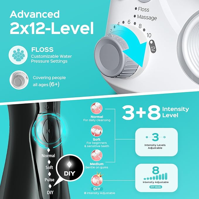 COSLUS Water Dental Flosser Pick for Teeth C30(FC5360): 4 Modes Cordless Portable 300ML Larger Tank Water Teeth Cleaner IPX7 Flossing Cleaning Picks for Home Travel Black White 2Pcs Family Set