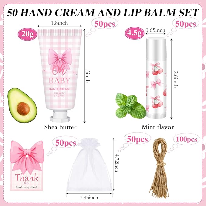 50 Set Pink Baby Shower Gifts Bulk Woman Bow Baby Shower Favor for Guests Lip Balm Hand Cream Include 50 Lip Balm 50 Hand Cream 50 Bag 50 Tag Gender Reveal Wedding Bridal Party Favors Gift