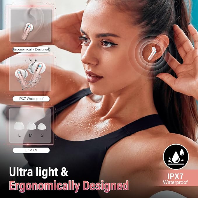 Wireless Earbuds with Touch Screen, Bluetooth 5.4 Headphones, ANC/ENC Noise Cancelling, 48H HiFi Stereo Bluetooth Ear Buds with 5 EQ Modes, Transparency Mode, IPX7 Earphones, Rosa