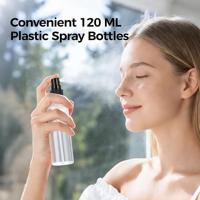 OMISTAR 48 Pcs 4 oz Plastic Spray Bottles - 120 ML Travel Size, Fine Mist Sprayers, Ideal for Perfumes, Cosmetics, Cleaning Solutions, and More, BlackClear