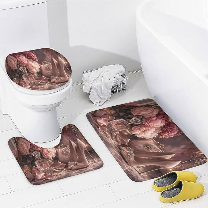 Pink Floral Heels and Accessories Bathroom Rug Set 4 Piece with Shower Curtain Non Slip Bath Mat Set Microfiber Bathroom Decor Toilet Lid Cover U Shape Rug Waterproof Bathroom Accessories