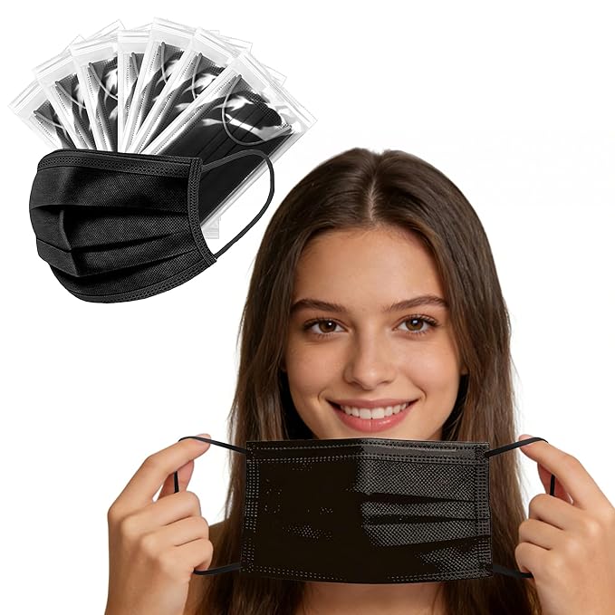 NNPCBT Black Individually Wrapped Masks 50pcs, Disposable Face Masks for Adults, 3 Ply Breathable Face Mask Black Indoor Outdoor