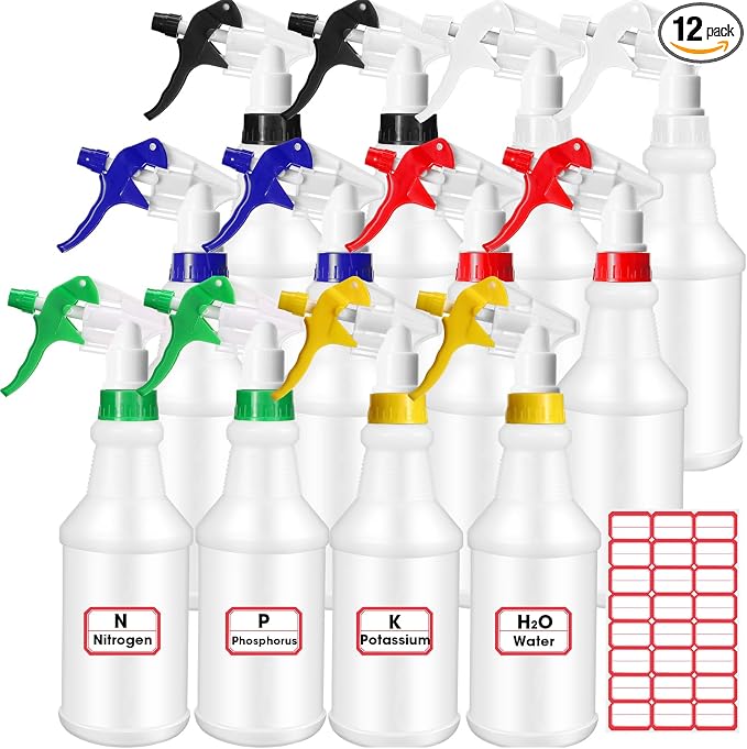 meekoo 12 Pcs 32 oz Plastic Spray Bottles Heavy Duty Spraying Leak Proof Mist Empty Water Bottle for Pets Cleaning Solutions Planting Spray Alcohol with Adjustable Nozzle and Label (Multicolor)