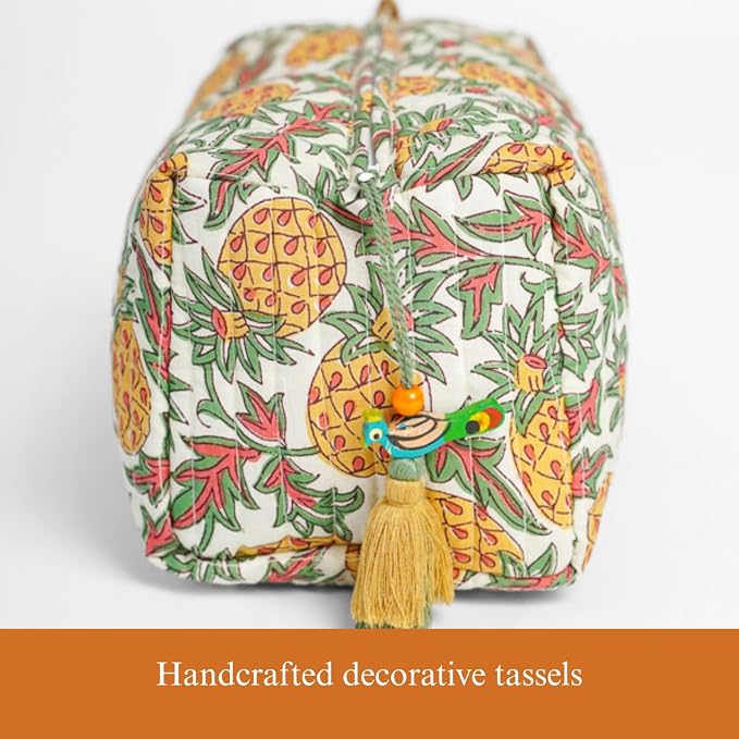 Saffron Marigold Quilted Makeup Bag Set of 3, Hand Block Printed Cotton Cosmetic Bags for Women, Waterproof Lined Travel Toiletry Bag, Coquette Aesthetic, Handmade Gift, Pineapple Grove