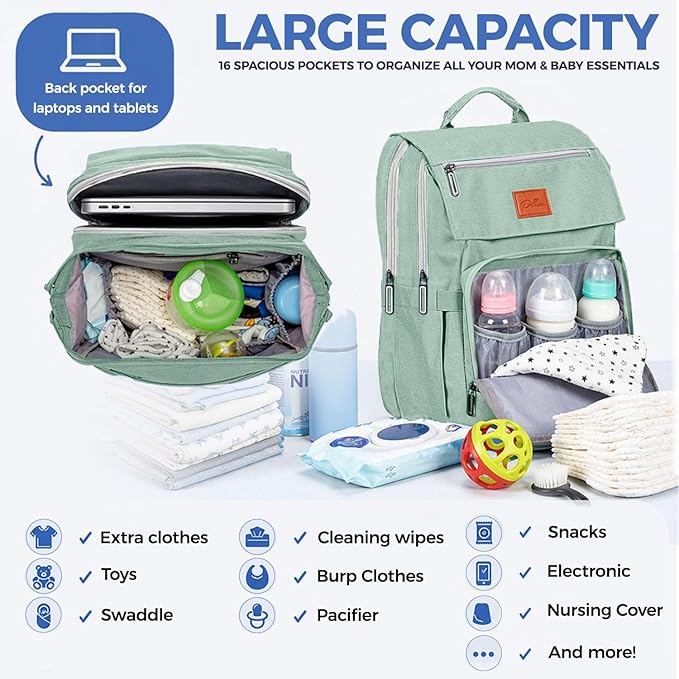 PILLANI Baby Diaper Bag Backpack - Baby Bag for Boys & Girls, Large Waterproof Diaper Backpack - Toddler Diaper Bag with Changing Pad, Boy Baby Shower Gifts for Mom - Newborn Stuff, Baby Essentials