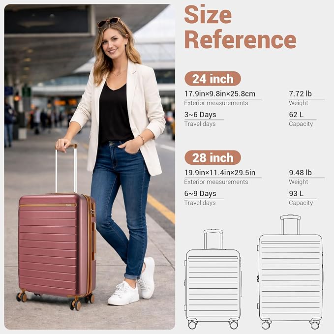 Kono 28 Inch Large Suitcase, Expandable for Long Trips, Impact-Resistant ABS+PC & Silent Wheels, Burgundy