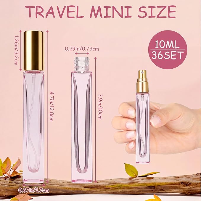 36 Pcs Glass Refillable Perfume Bottle Bulk 10ml Portable Travel Perfume Atomizer Refillable Empty Atomizer Sprayer Small Spray Bottles for Cologne Dispenser(Pink, Transparent)