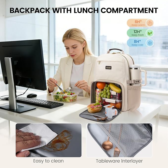 LOVEVOOK Lunch Backpack with Lunch Compartment,15.6 Inch Laptop Work Travel Insulated Cooler Backpack,Waterproof College Teacher Lunch Bag with Tumbler Holder,Gifts for Men Women,Beige-Nude-Logam plum