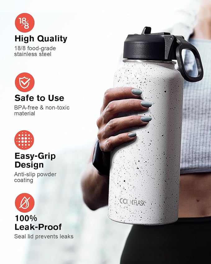 Coolflask Water Bottle 32 oz Insulated with Straw, Stainless Steel Metal 3 Lids Water Flask Wide Mouth for Sports or Office, Non-BPA Keep Cold Up to 48 Hrs or Hot Up to 24 Hrs, Arctic White