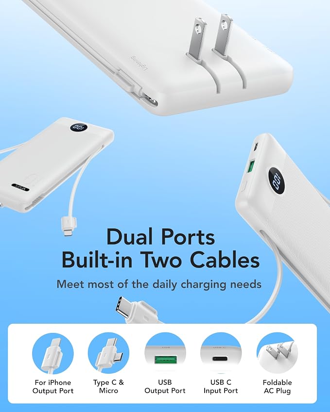 VRURC Portable Charger Power Bank - 10000mAh Fast Charging 22.5W PD 20W Slim Portable Charger Built in Cables,Power Bank with Cords,USB C Portable Phone Charger Travel Accessories -White