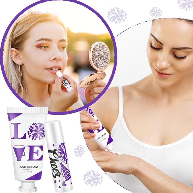 144 Pcs Cheerleading Lip Balms Hand Cream Sets Purple Cheerleading Party Supplies Including 36 Lip Balm and Moisturizing Hand Cream 36 Organza Bags Cards and Ropes for Team Thank You Gifts