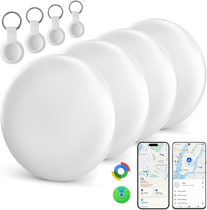 Smart Tracker Tags – Bluetooth Item Finder for Android & iOS | Works with Apple Find My & Android Find My Device, Luggage Tracker for Keys, Wallet, Backpack & Suitcase, Anti-Lost (4, White)