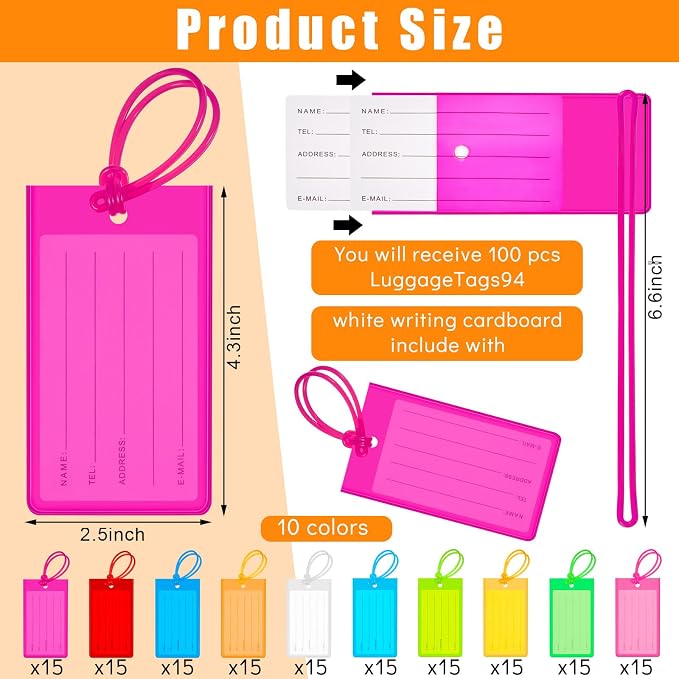 Sumind 150 Pcs Plastic Luggage Tags Assorted Name Identification Labels Flexible Suitcase Tags for Travel Baggage, 10 Colors (Classic Style)