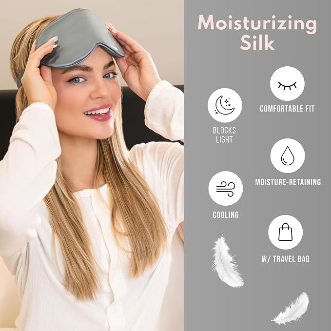 Blissy Silk Sleep Mask Profile - 100% Pure Mulberry Silk 22 Momme 6A Fibers Silk Eye Sleeping Mask for Women & Men for Total Blackout - Blindfold Silk Sleep Mask Side Sleeper Eye Cover (Grey)