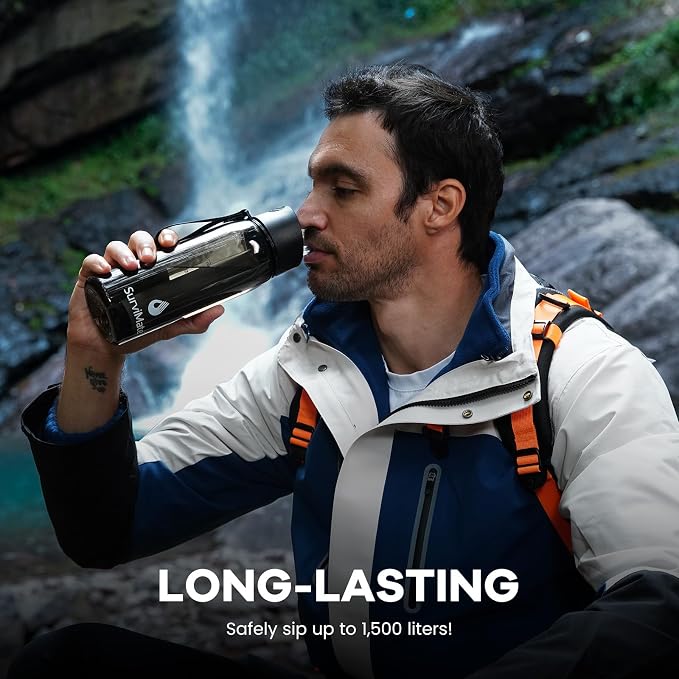 Survimate 5-Stage 0.01μm Ultra-Filtration Filtered Water Bottle, BPA-Free Material, NSF/ANSI 42 Certified, Portable Water Filter Bottle for Survival, Camping, Hiking, and Emergency Use