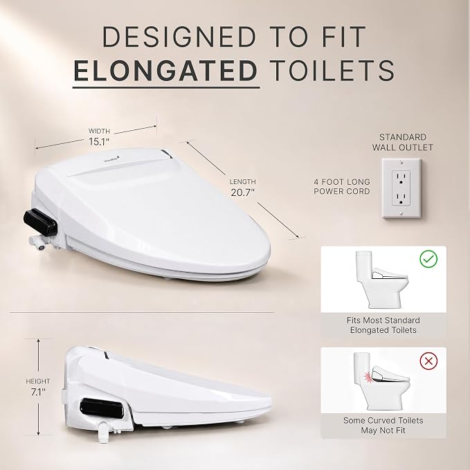 SmartBidet® SB-1000 Smart Bidet Electric Bidet Toilet Seat with Heated Seat, Warm Water, Air Dryer – Remote Control, Elongated