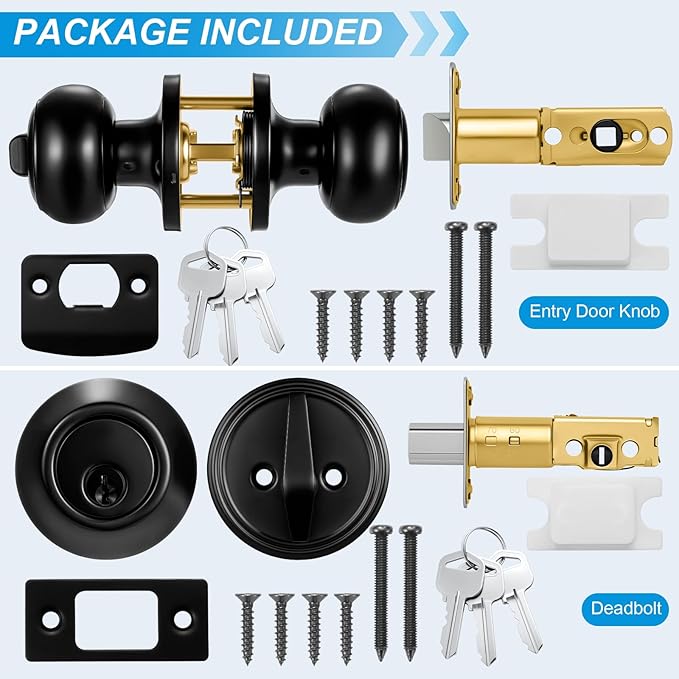 Plustool 2 Pack Front Door Lock Set Matte Black,Exterior Door Lock Set with Deadbolt,Single Cylinder Deadbolt Lock and Door Knob Set,Keyed Alike Door Knobs with Lock&Keys,Round Ball Entry Door Lockset