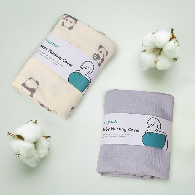 ANYEDDE 2-Pack Muslin Nursing Covers for Breastfeeding - Breathable Breastfeeding Covers with Arch Neckline, Privacy Nursing Cover for Women and Baby, Gray & Panda