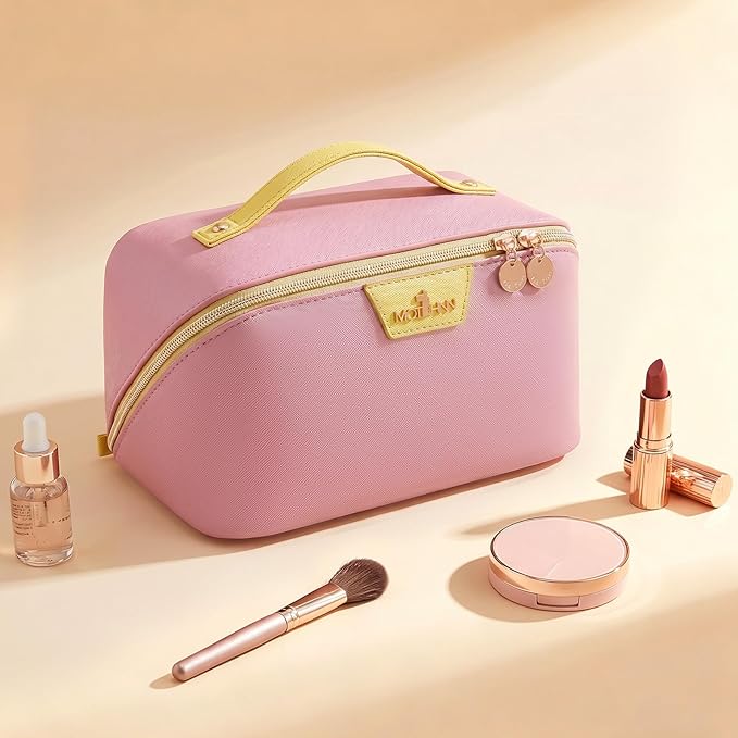 Travel Makeup Bag for Women: 3-in-1 Large Capacity Cosmetics Organizer with 2 Detachable Pouch - Vegan Leather Flat Open Toiletry Bag - Travel Essentials for Full-Sized Bottles(02-Pink)