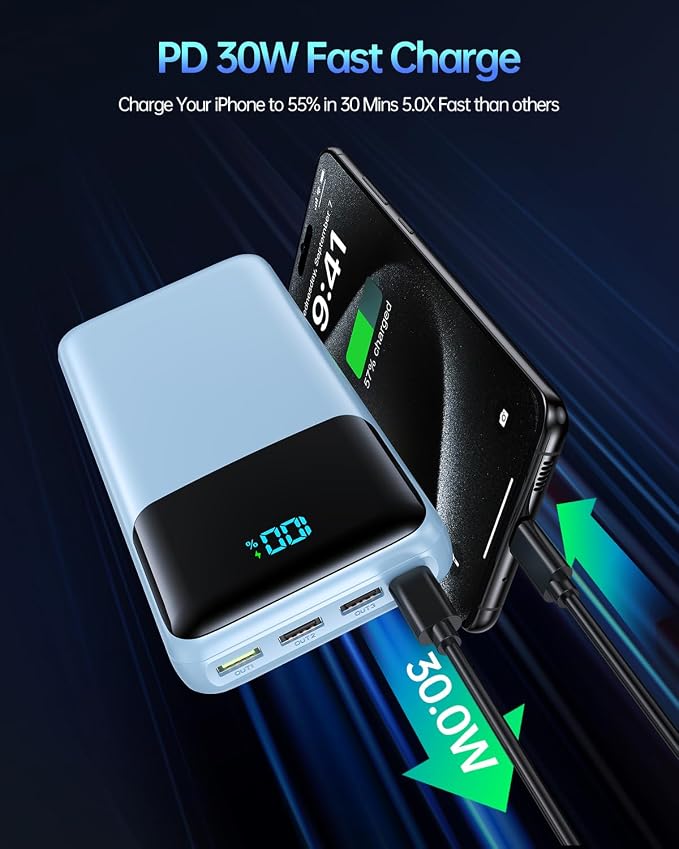 Portable Charger 50000mAh Power Bank, USB-C PD 30W Fast Charging, High Capacity External Battery Pack for Camping, Portable Phone Charger for iPhone 17/16/15/14/13/12/11 Samsung Android (Sky Blue)