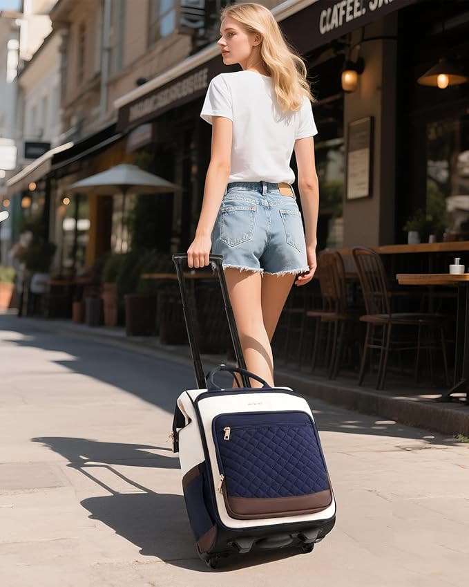 Rolling Backpack for Women, Travel Backpack with Wheels, Vertical Storage Wheeled Laptop Backpack, Backpack on Wheels for College Business Work Overnight, Stylish Rolling Laptop Bag, Navy Blue
