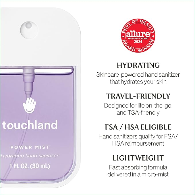 Touchland Hydrating Hand Sanitizer Spray – Blossom 5 Set (Pure Lavender, Vanilla Blossom, Rainwater, Velvet Peach, Applelicious) – 5 x 1 FL OZ Travel Size Mists
