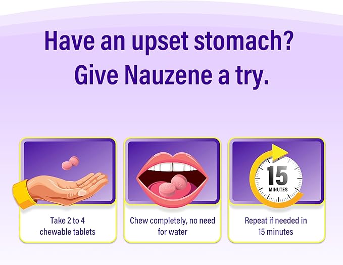 Nauzene Non-Drowsy Upset Stomach & Nausea Relief Chewable Tablets | 4-Minute Formula | Doctor Recommended | Wild Cherry Flavor | 56 Count