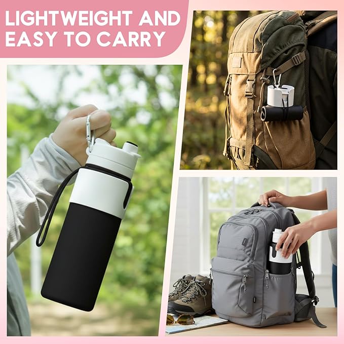 LemonRoad 2 Pcs 26 oz Silicone Collapsible Water Bottle, Portable Foldable Water Bottle Leakproof with Carabiner Reuseable Lightweight for Travel Sports Hiking Camping Cycling Office (Black,Pink)