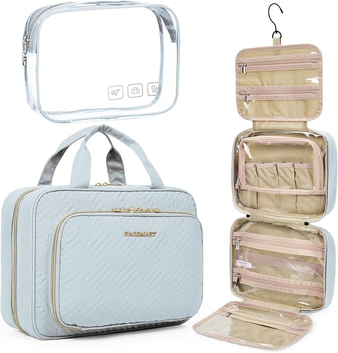 BAGSMART Toiletry Bag Hanging Travel Makeup Organizer with TSA Approved Transparent Cosmetic Bag Makeup Bag for Full Sized Toiletries, Large-Light Blue