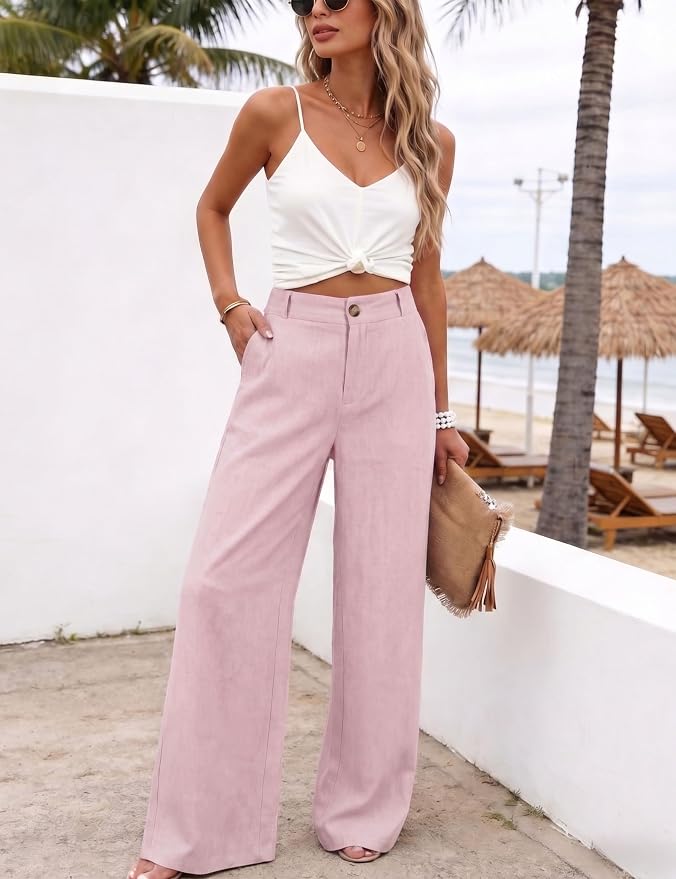 Hooever Womens Cotton Linen Pants Casual Button Up High Waisted Wide Leg Trousers