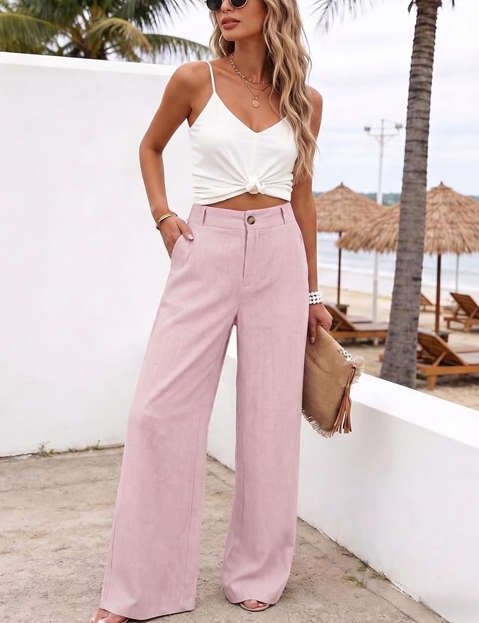 Hooever Womens Cotton Linen Pants Casual Button Up High Waisted Wide Leg Trousers