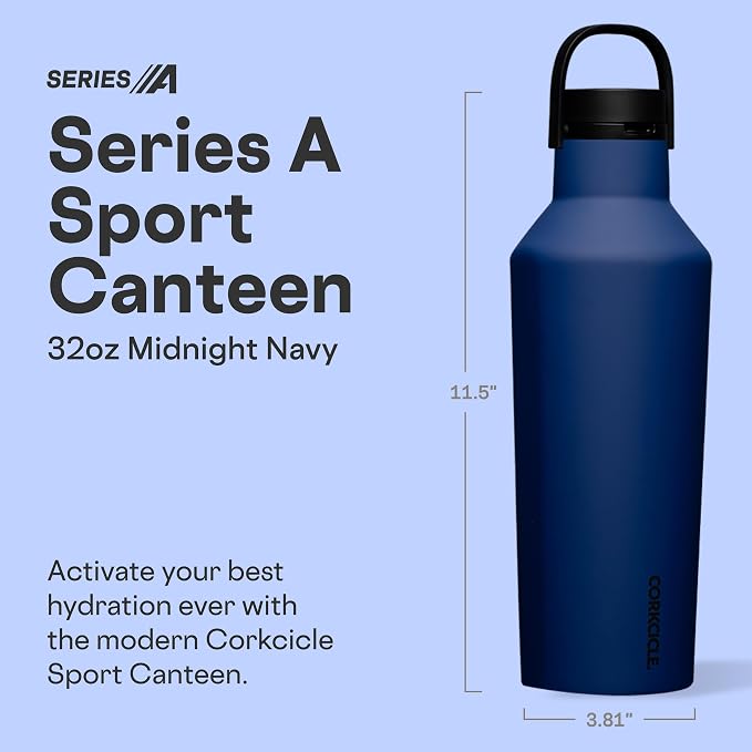 Corkcicle Sport Canteen - Keeps Drinks Cold 25 Hours - Stainless Steel Water Bottle - Triple-Insulated - Spill-Proof - Summer Drinkware Gift - Keeps Drinks Ice Cold - 32 oz - Midnight Navy