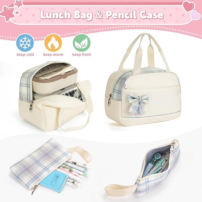 Backpack for Girls 15.6 Inch Laptop School Bag Kids Elementary College 3pcs Backpacks Lunch box Pencil Case Set Bookbags for Girls Teen Women Student Beige