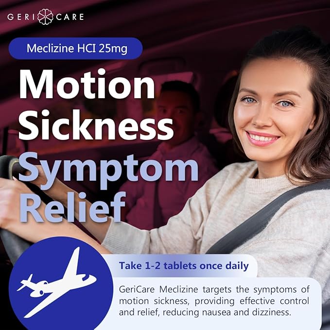 GeriCare Meclizine HCI 25mg Antiemetic Travel-Ease Tablets, Prevents and Treats Motion Sickness, Nausea Relief, 100 Count (Pack of 2)