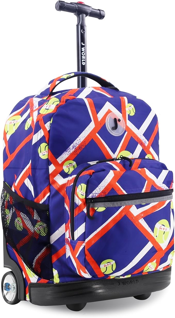 J World Sunrise Kids Rolling Backpack for Girls Boys. Roller Bookbag With Wheels For School, Tennisy