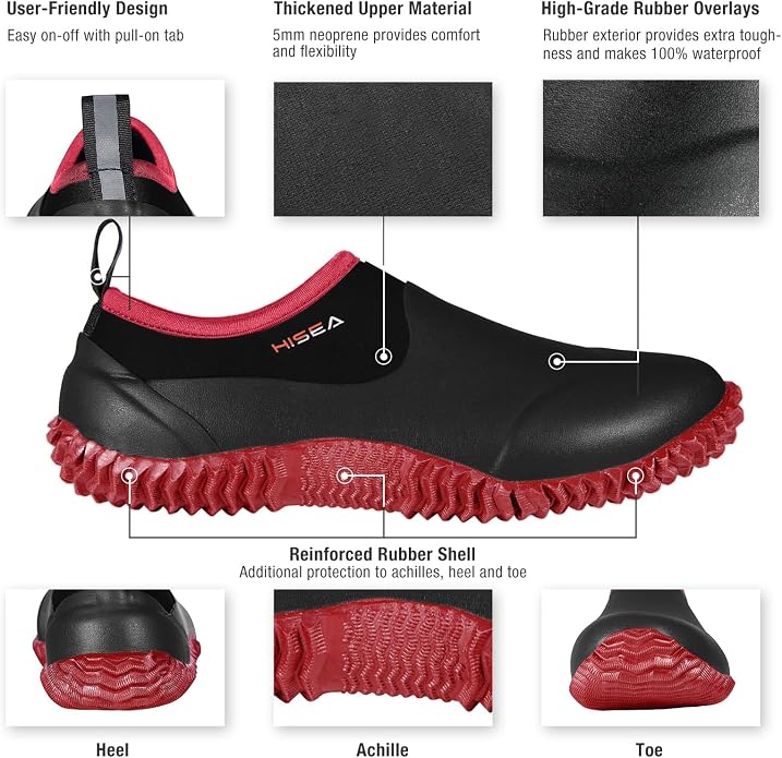HISEA Unisex Garden Shoes, Waterproof Slip-On Rain Boots for Men and Women, Neoprene Rubber Rain Shoes Outdoor Ankle Booties for Gardening, Farming, Camping, Dog Walking, Car Wash, Lawn Care and Yard Work