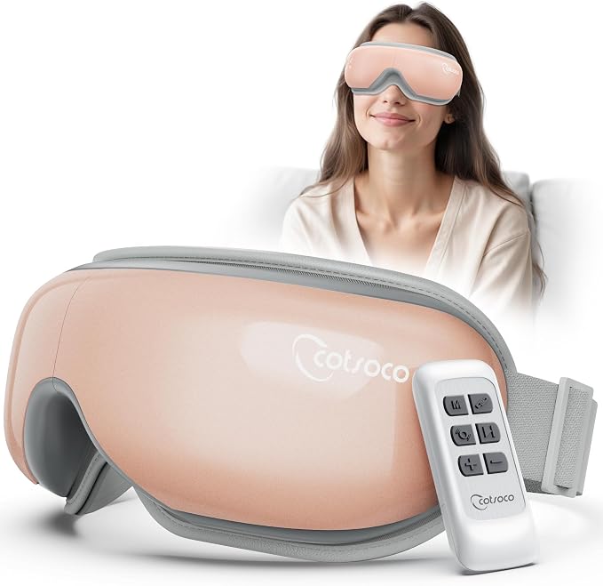 Cotsoco Eye Massager with Heat, Remote, and Compression, Adjustable Foldable Sleep Mask for Relaxing Eyes and Better Sleep, Migraine Relief Device, Birthday Gifts for Women Men Her Him-Pink