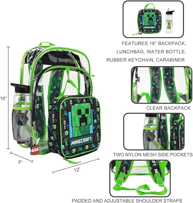 BIOWORLD Unisex Minecraft Creeper 5- Piece Backpack set (Little Kid/Big Kid), Green, One size