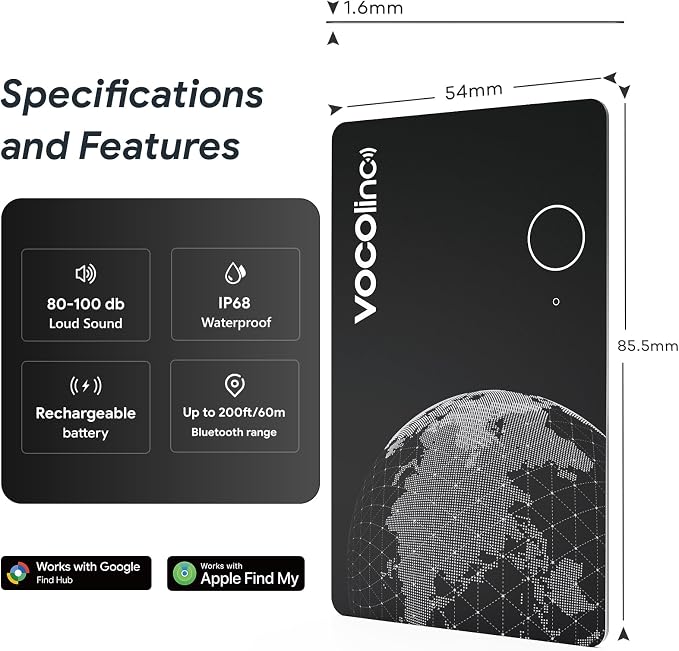VOCOlinc Air Tag Smart Card for Android & iOS, New Dual System Rechargeable Wallet Tracker Work with Google Find Hub or Apple Find My APP, Item Finder Locator for Luggage, Suitcase. Slim 1.6mm, 2 Pack