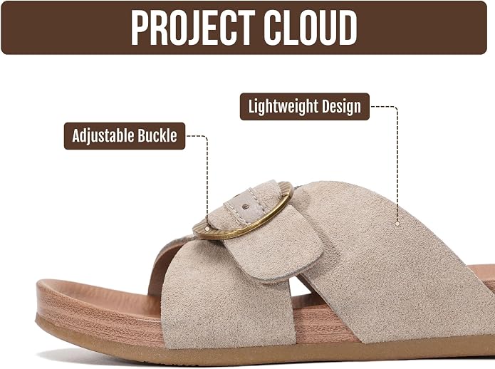Project Cloud Womens Sandals - Adjustable Buckle Sandals for Women 2026 with Plush Insole - Lightweight & Non Slip Slides for Women Footwear
