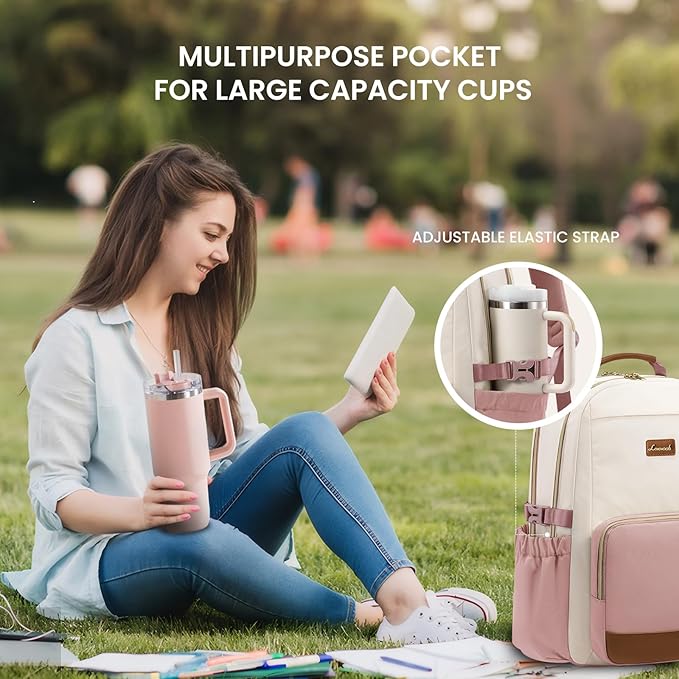 LOVEVOOK Laptop Backpack for Women with Pouch Pocket for Large Capacity Cup,17 Inch Teacher Nurse College Work Backpack Purse,Waterproof Laptop Bag Computer Back Pack for Travel, Beige-Pink-Brown