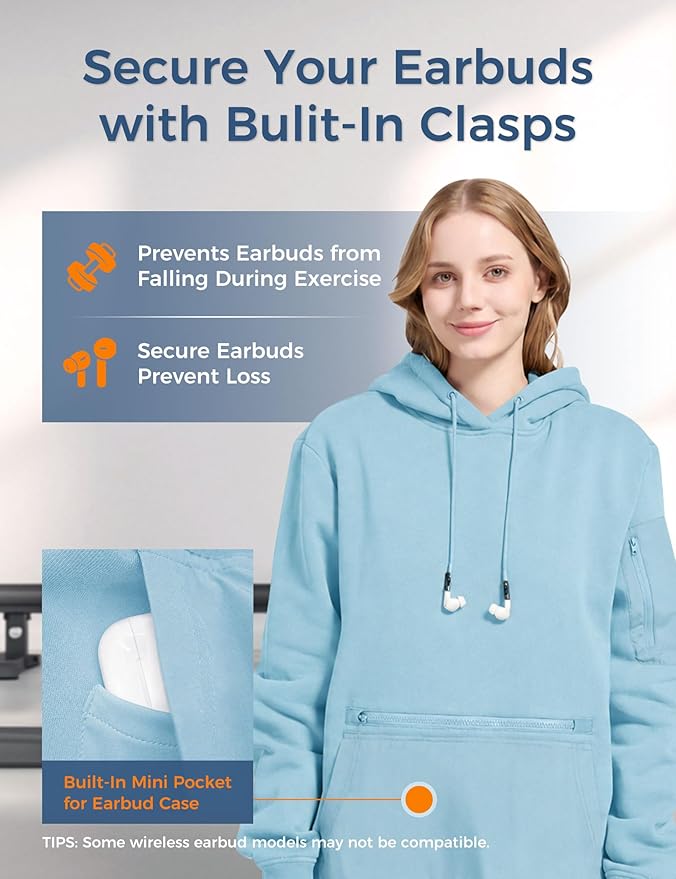 Travel Hoodie with Built-In Eye Mask for Airplane Travel Breathable Comfort Pullover Sweatshirt Multiple Pockets