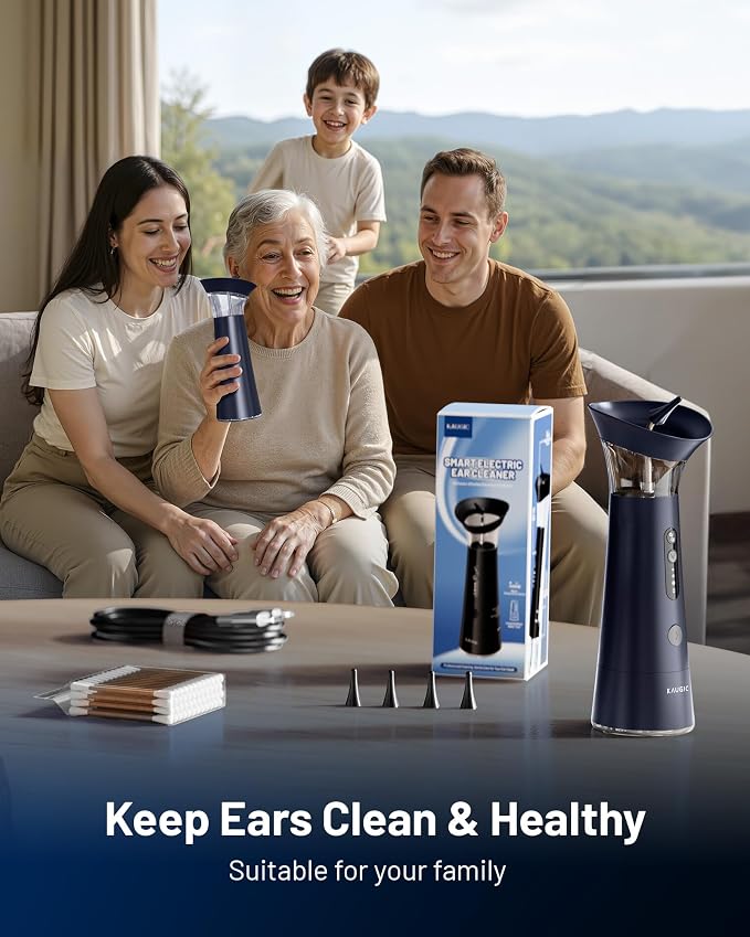 Ear Wax Removal with One-Piece Waste Tank, FSA-HSA-Eligible, Water Powered Ear Cleaner, Electric Ear Cleaning Kit with Water Temperature Sensor, Ear Irrigation Flushing System, Blue