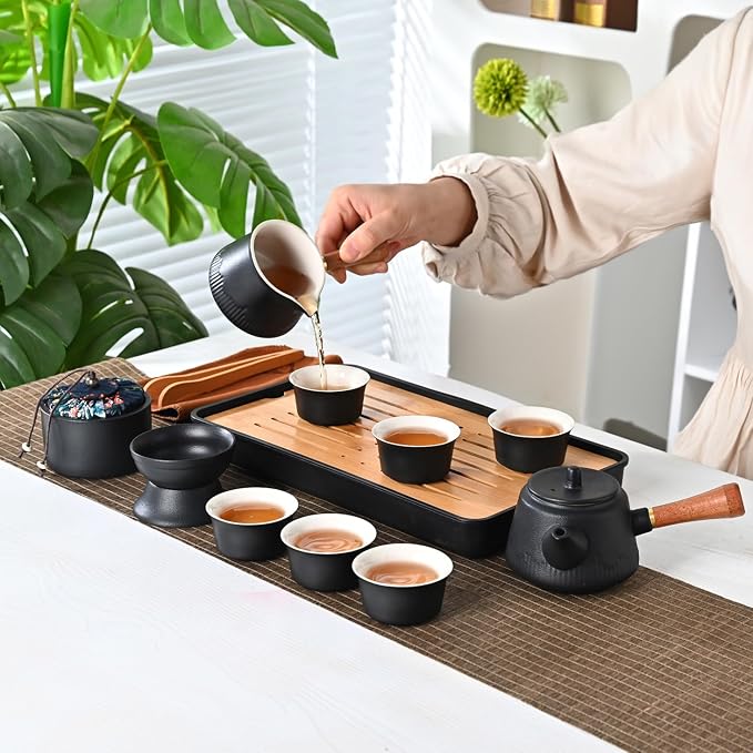 Japanese Tea Set Traditional, Chinese Gongfu Tea Set for Adults, Kung Fu Teaset for Women Side Handle Teapot (Ceba 6cups)