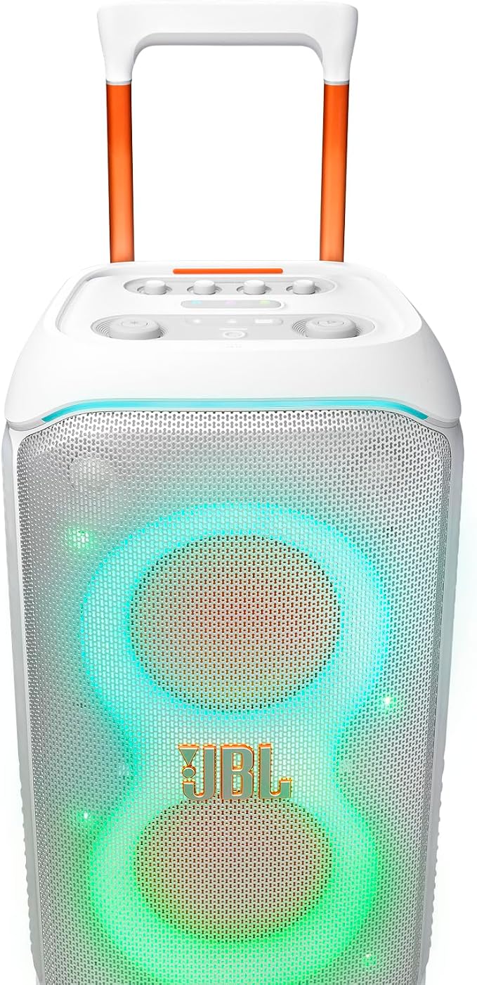 JBL PartyBox Stage 320 - Portable Party Speaker with Telescopic Handle & Wide, Sturdy Wheels, Powerful Pro Sound, Futuristic lightshow, Up to 18 Hours of Play time, Splash Proof (White)