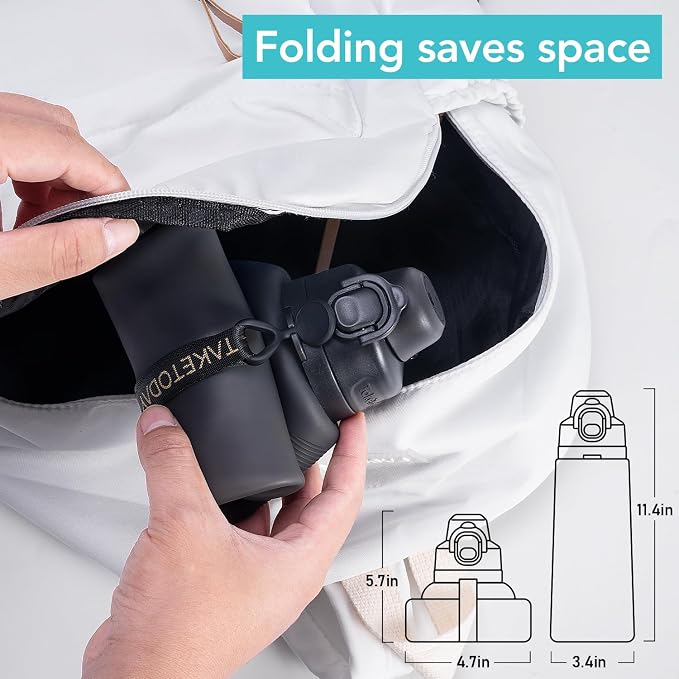 TakeToday Collapsible Water Bottles 32oz Black and 20oz Black, Foldable Travel Water Bottle with Strap, BPA Free, Silicone Water Bottle Leakproof for Hiking, International Travel, Outdoors