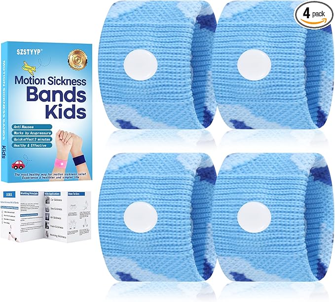 Motion Sickness Bands for Kids Cruise Travel Essentials Anti-Nausea Acupressure Wristband for Morning Car Sea Sickness Wristbands for Kids (2 Pairs Camo Blue)…
