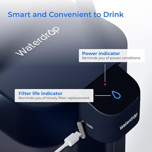Waterdrop ED01B Electric Water Filter Pitcher, Reduce 99.6% of Lead and 45+ Impurities, 15-Cup 200-Gallon Capacity, Rechargeable Instant Dispenser, NSF/ANSI 42&53&401&372, Does not Lower TDS, Blue