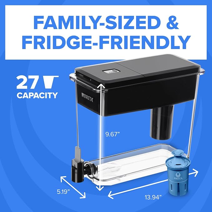 Brita Extra-Large 27-Cup Elite Water Filter Dispenser, WQA NSF/ANSI Certified, Reduces 99% of Lead, Microplastics, & 30 Contaminants, Removes Chlorine Taste & Odor, Black